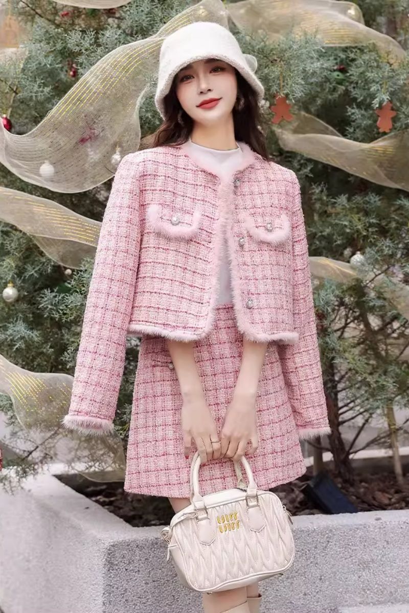 Xiaoxiang Style Two-Piece Skirt Set Women 2026 Winter Pink White Petite Korean Drama Fashion