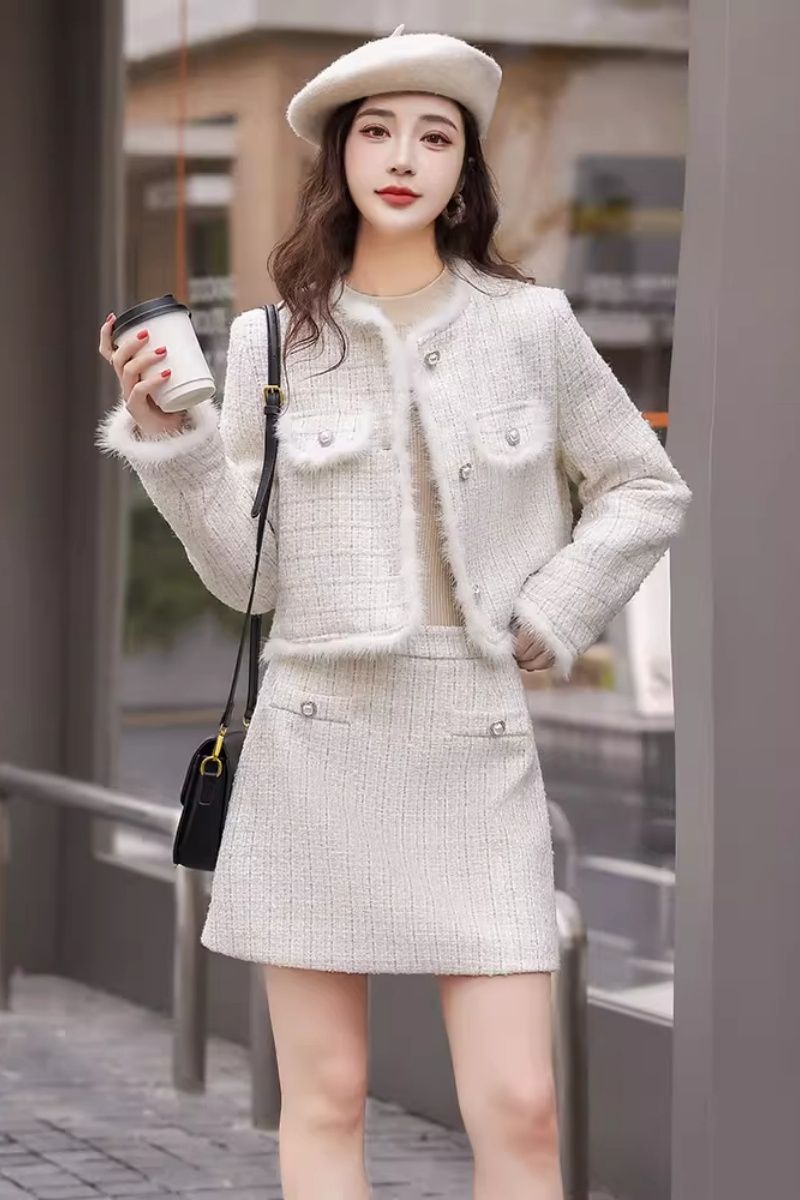 Xiaoxiang Style Two-Piece Skirt Set Women 2026 Winter Pink White Petite Korean Drama Fashion - Image 3