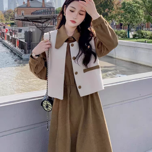 2026 Autumn French Style Slimming Two-Piece Vest and Long Sleeve Dress Set for Women