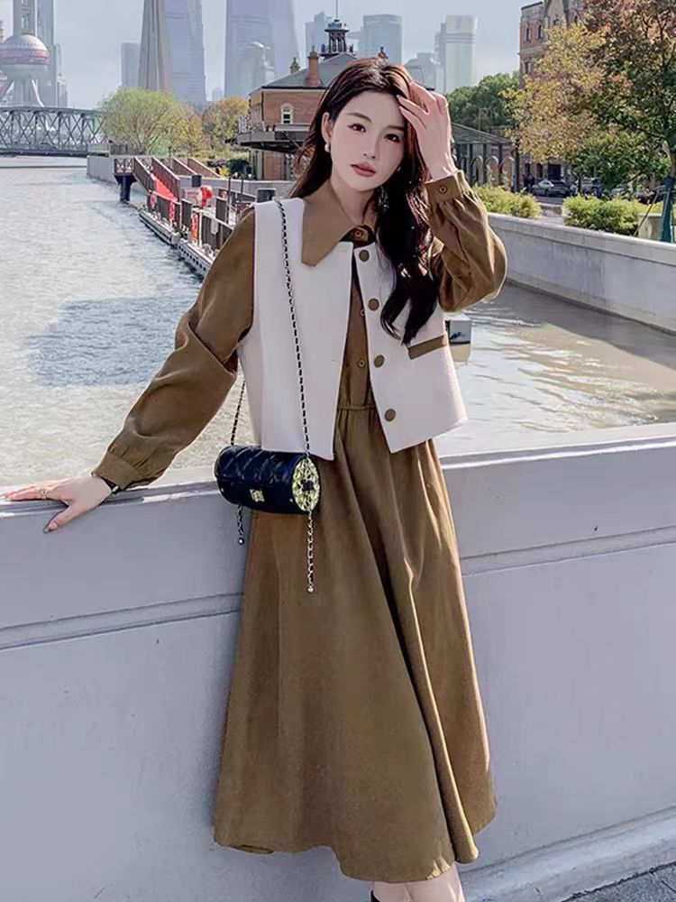 2026 Autumn French Style Slimming Two-Piece Vest and Long Sleeve Dress Set for Women - Image 2