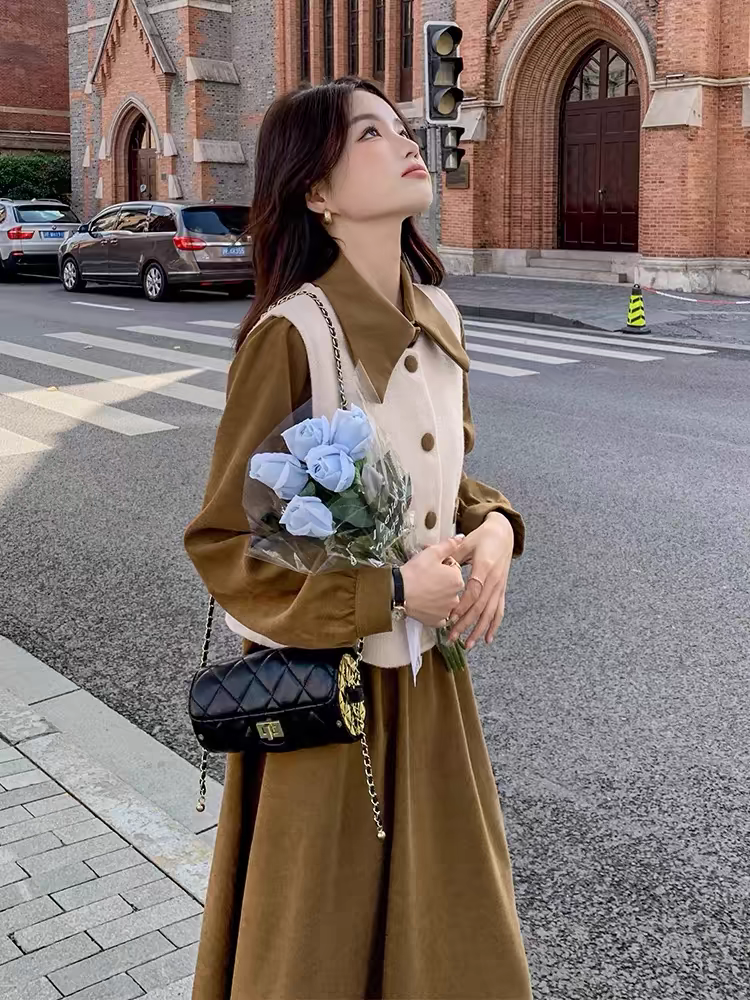 2026 Autumn French Style Slimming Two-Piece Vest and Long Sleeve Dress Set for Women - Image 3