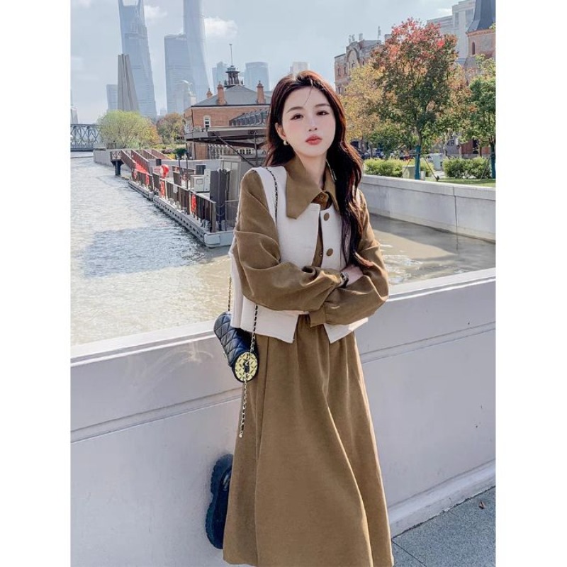 2026 Autumn French Style Slimming Two-Piece Vest and Long Sleeve Dress Set for Women - Image 5