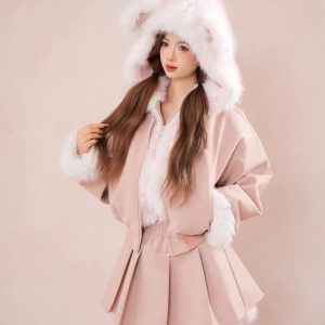 Pink Dog Ear Hooded Jacket and Pleated Skirt Set for Women Autumn Winter Thick Sweet Short Coat