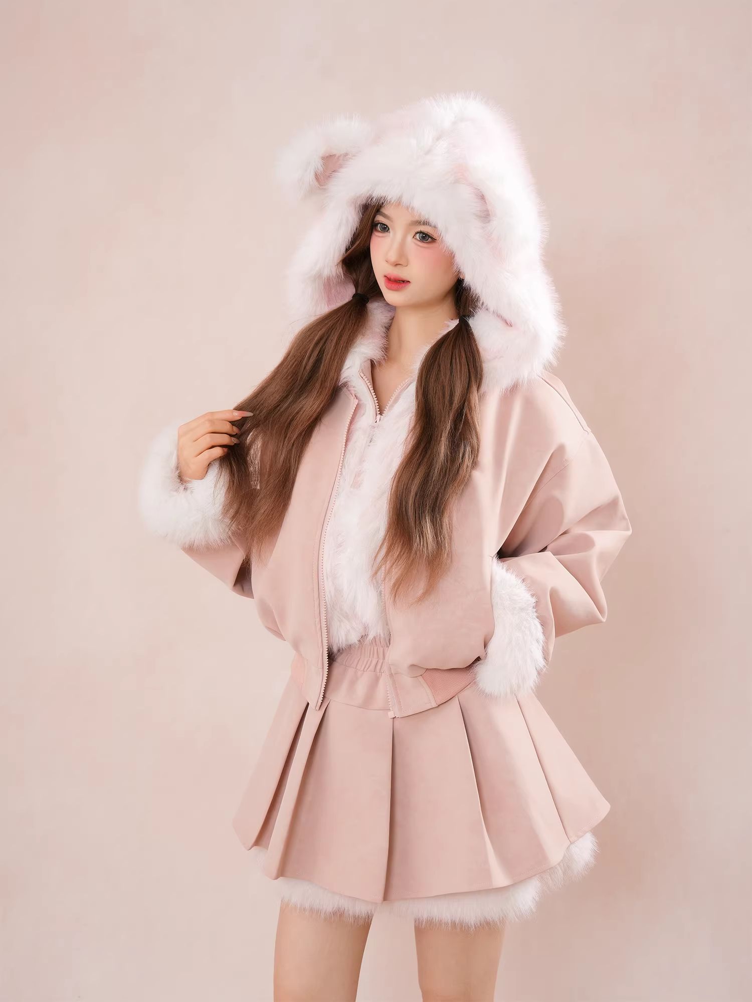 Pink Dog Ear Hooded Jacket and Pleated Skirt Set for Women Autumn Winter Thick Sweet Short Coat