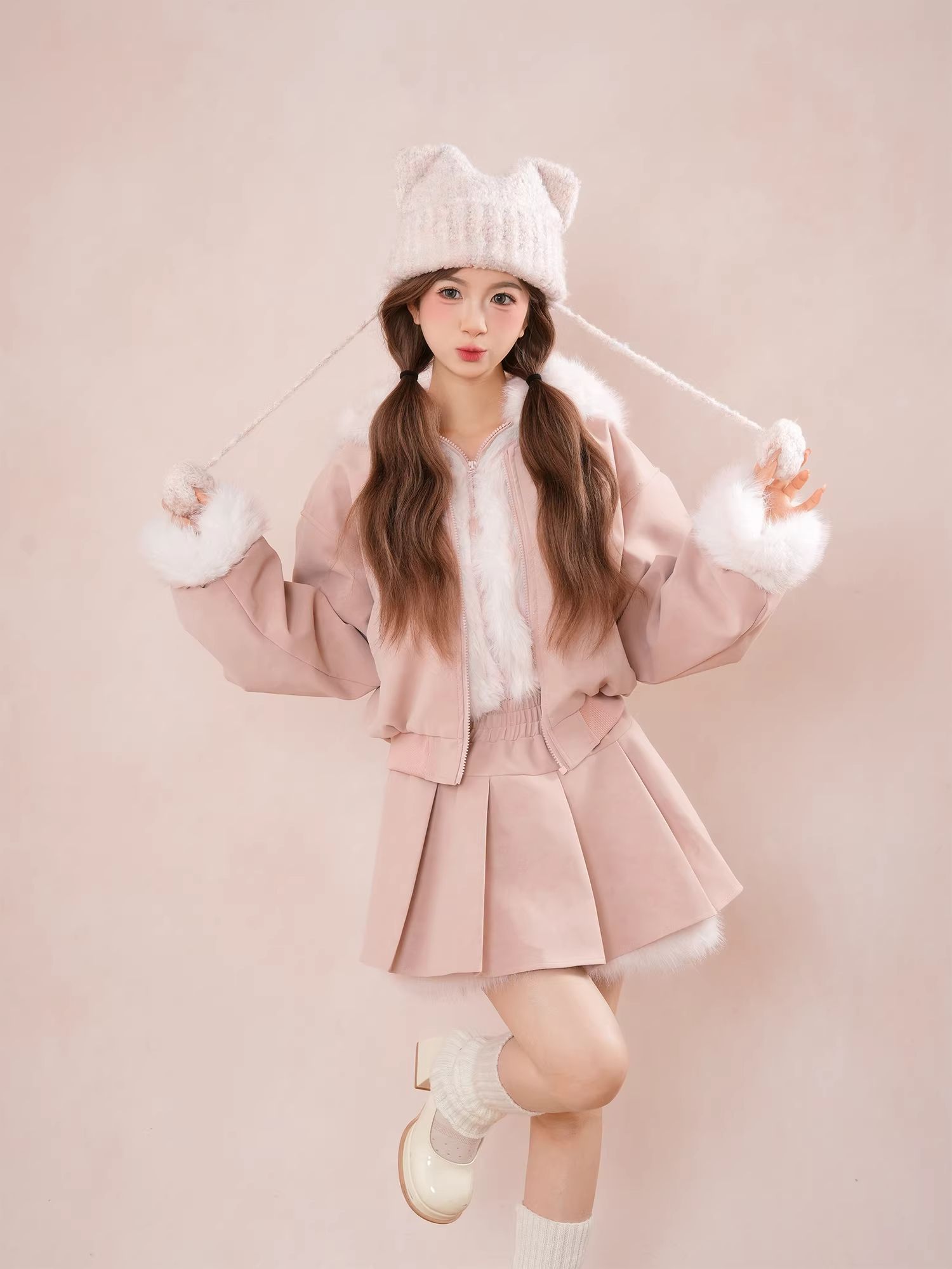 Pink Dog Ear Hooded Jacket and Pleated Skirt Set for Women Autumn Winter Thick Sweet Short Coat - Image 2