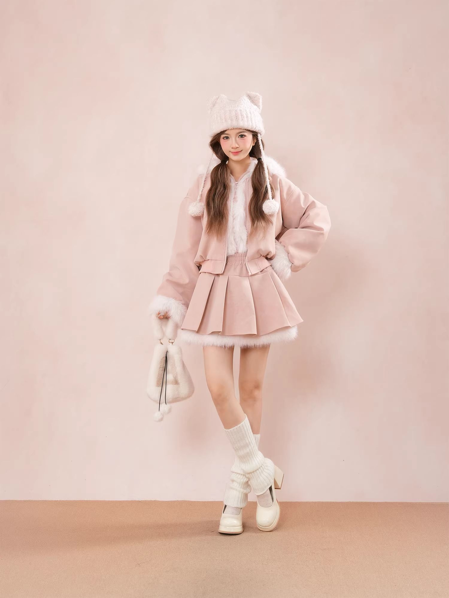 Pink Dog Ear Hooded Jacket and Pleated Skirt Set for Women Autumn Winter Thick Sweet Short Coat - Image 3