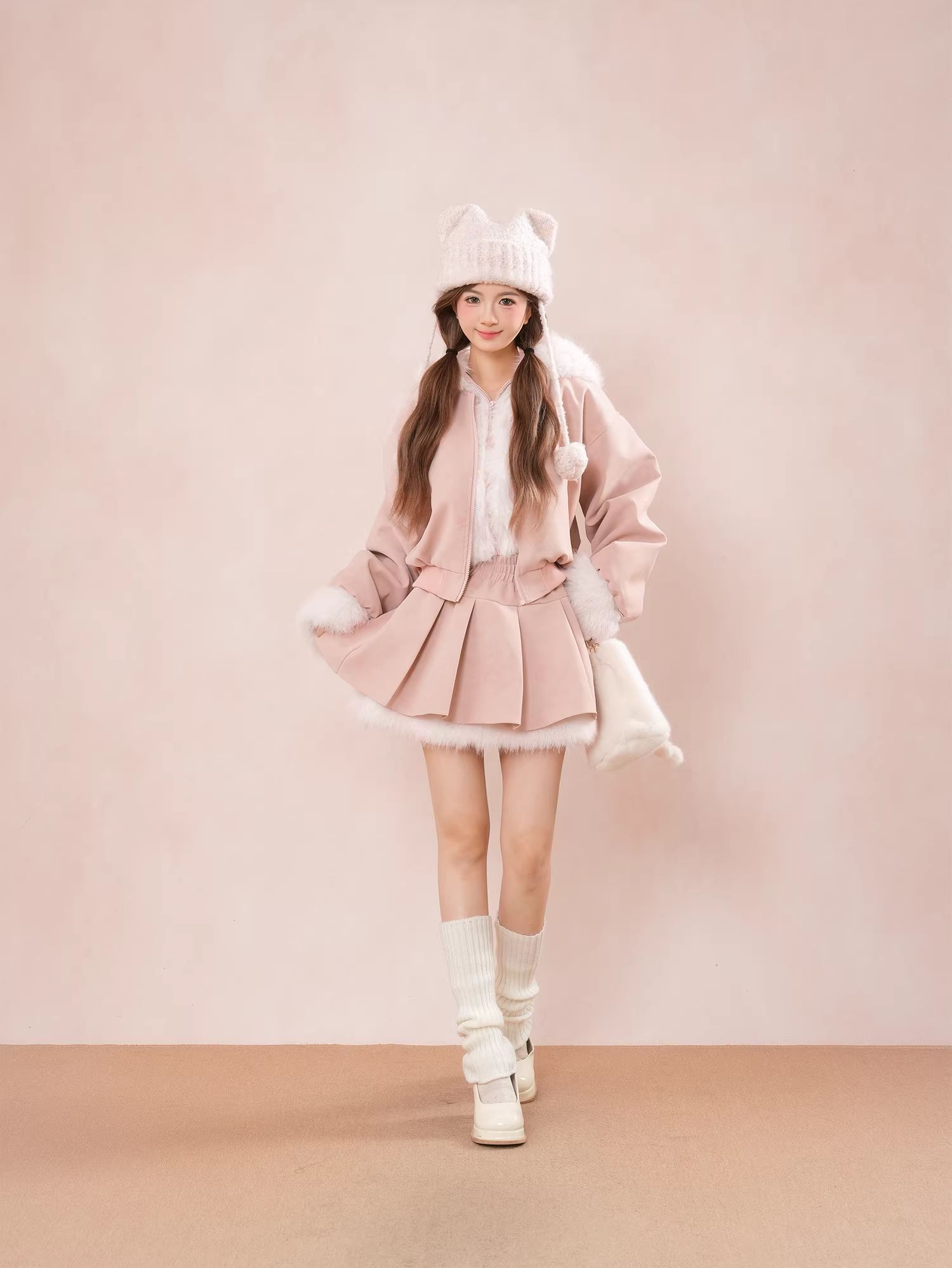 Pink Dog Ear Hooded Jacket and Pleated Skirt Set for Women Autumn Winter Thick Sweet Short Coat - Image 4