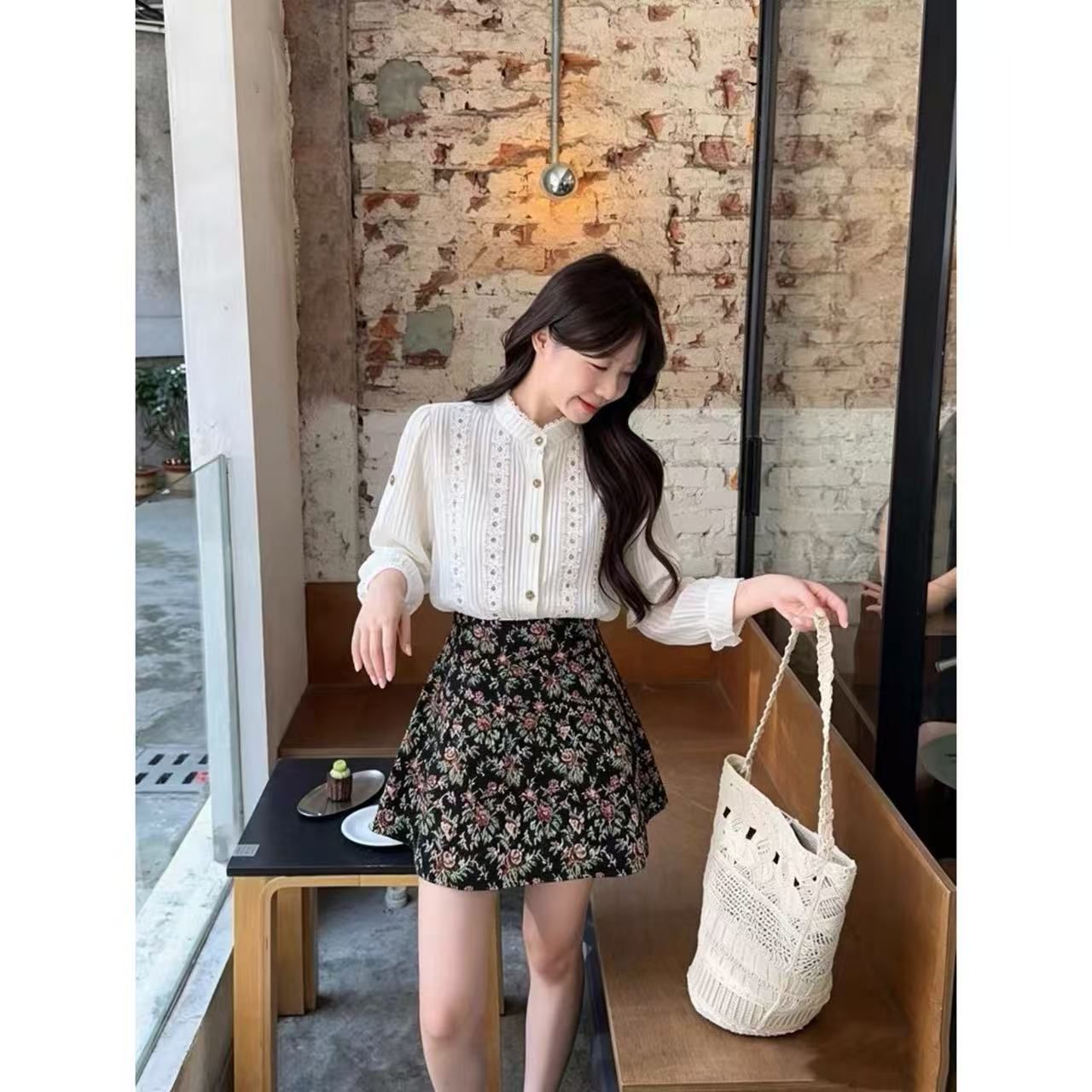 Elegant Lace Hollow Long Sleeve Shirt and High Waist Floral Mini Skirt Two-Piece Set - Image 2