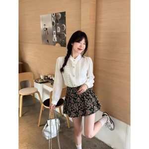 Elegant Lace Hollow Long Sleeve Shirt and High Waist Floral Mini Skirt Two-Piece Set