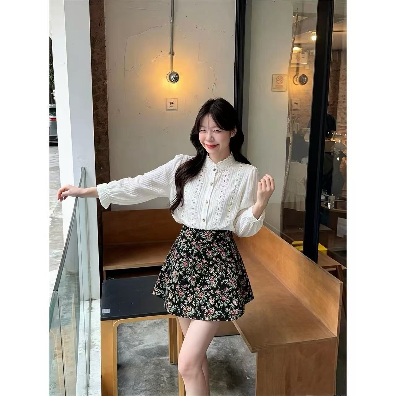 Elegant Lace Hollow Long Sleeve Shirt and High Waist Floral Mini Skirt Two-Piece Set - Image 3