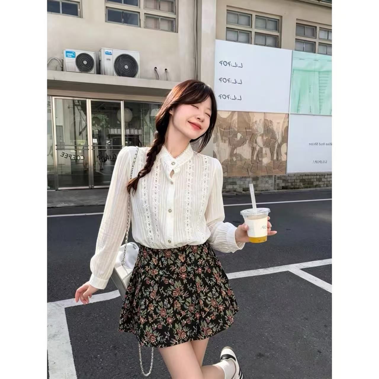 Elegant Lace Hollow Long Sleeve Shirt and High Waist Floral Mini Skirt Two-Piece Set - Image 4