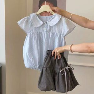Blue Polka Dot Doll Collar Bubble Shirt and Gray Skirt Two-Piece Set for Women Summer