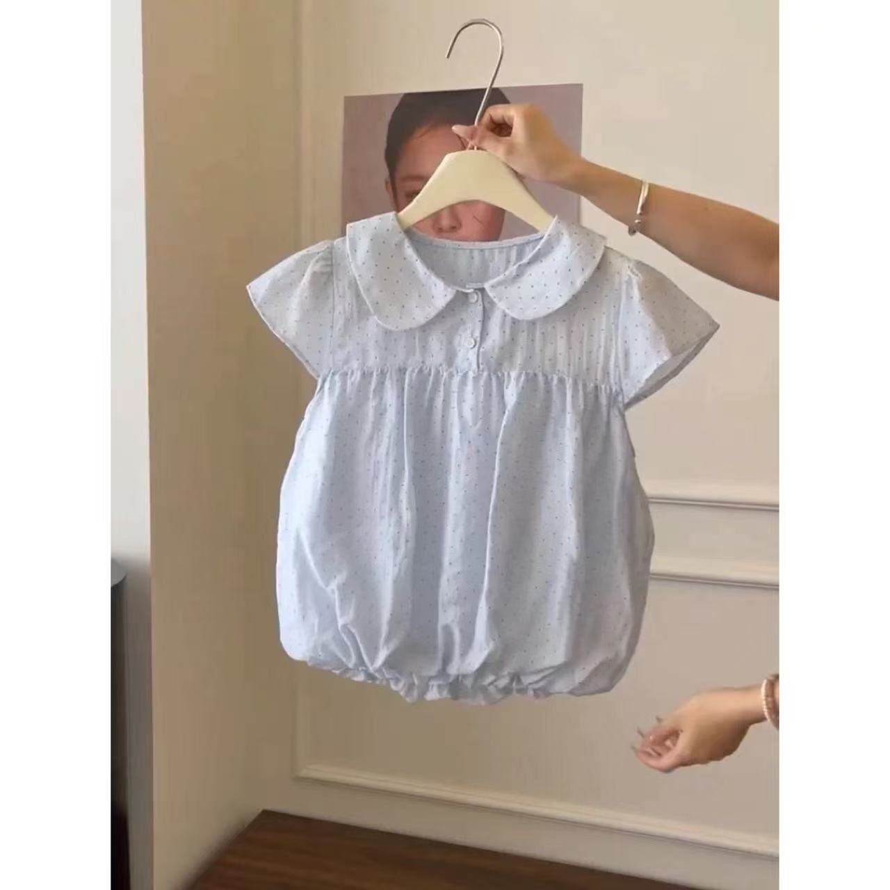 Blue Polka Dot Doll Collar Bubble Shirt and Gray Skirt Two-Piece Set for Women Summer - Image 2