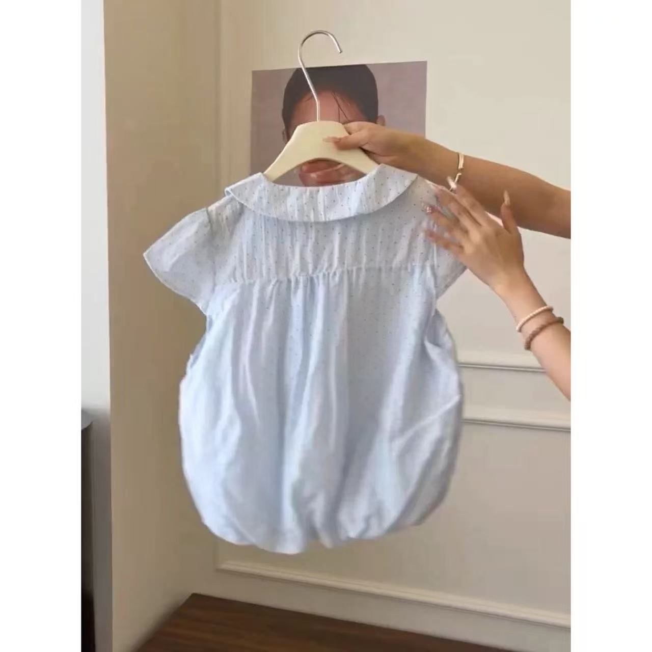 Blue Polka Dot Doll Collar Bubble Shirt and Gray Skirt Two-Piece Set for Women Summer - Image 3