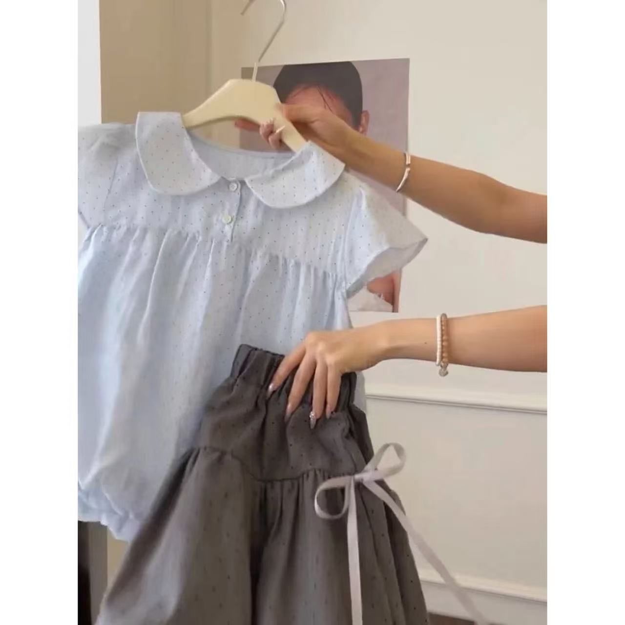 Blue Polka Dot Doll Collar Bubble Shirt and Gray Skirt Two-Piece Set for Women Summer - Image 4