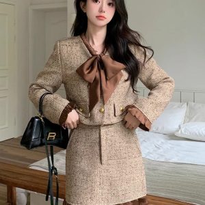 Women's 2026 Autumn Tweed-Style Two-Piece Set with Bow Short Jacket and Skirt