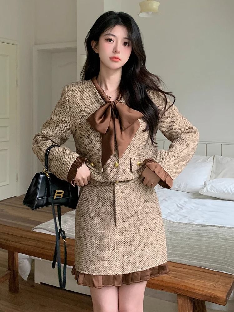 Women's 2026 Autumn Tweed-Style Two-Piece Set with Bow Short Jacket and Skirt