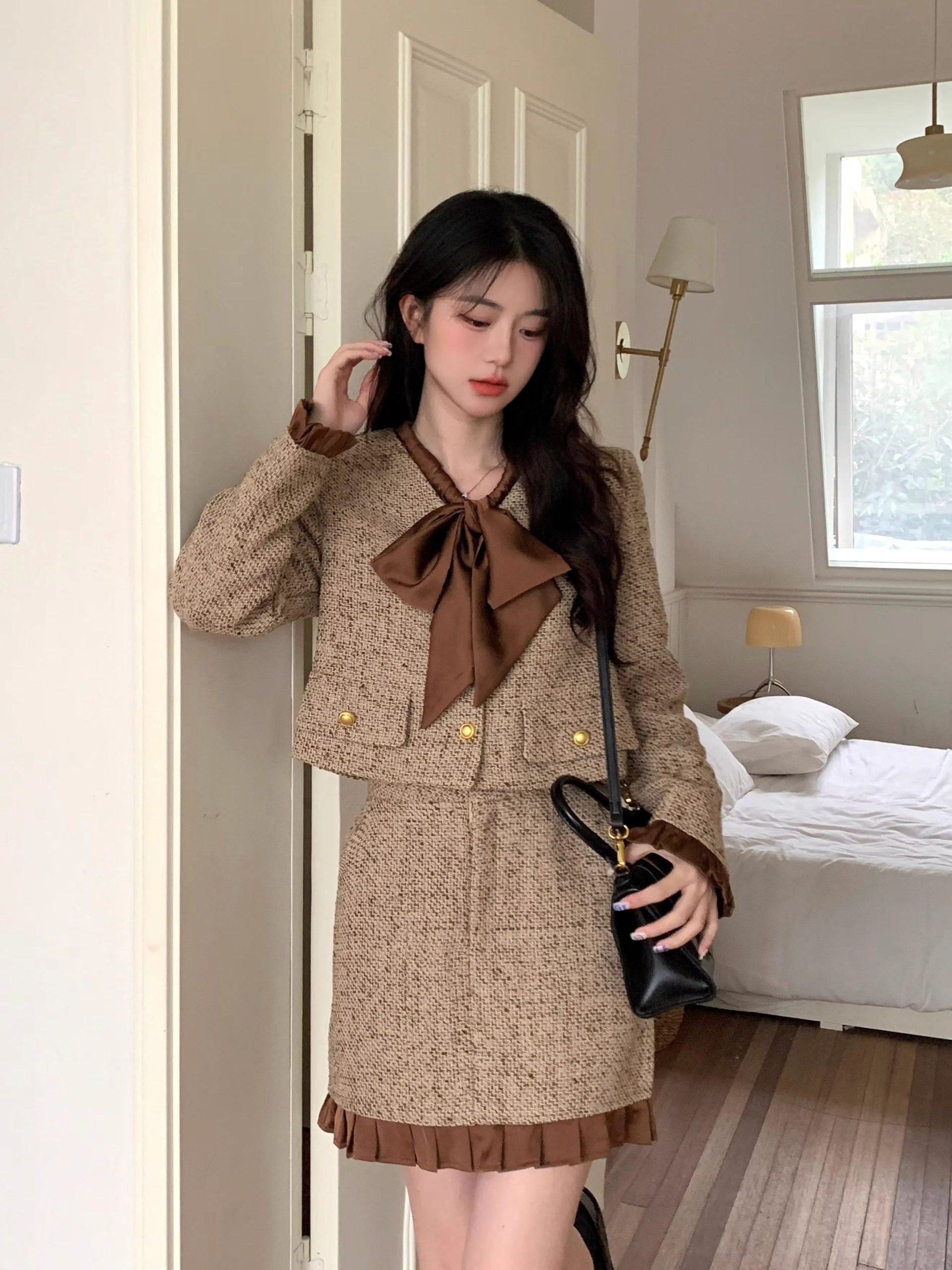 Women's 2026 Autumn Tweed-Style Two-Piece Set with Bow Short Jacket and Skirt - Image 3