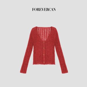 Red V-Neck Hollow-Out Long-Sleeve Knit Cardigan for Women 2026 Fall Slimming Versatile Top