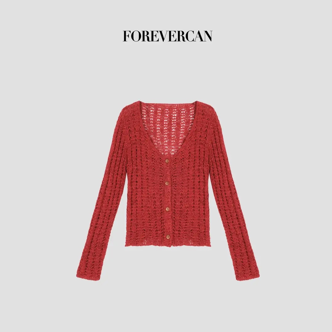 Red V-Neck Hollow-Out Long-Sleeve Knit Cardigan for Women 2026 Fall Slimming Versatile Top
