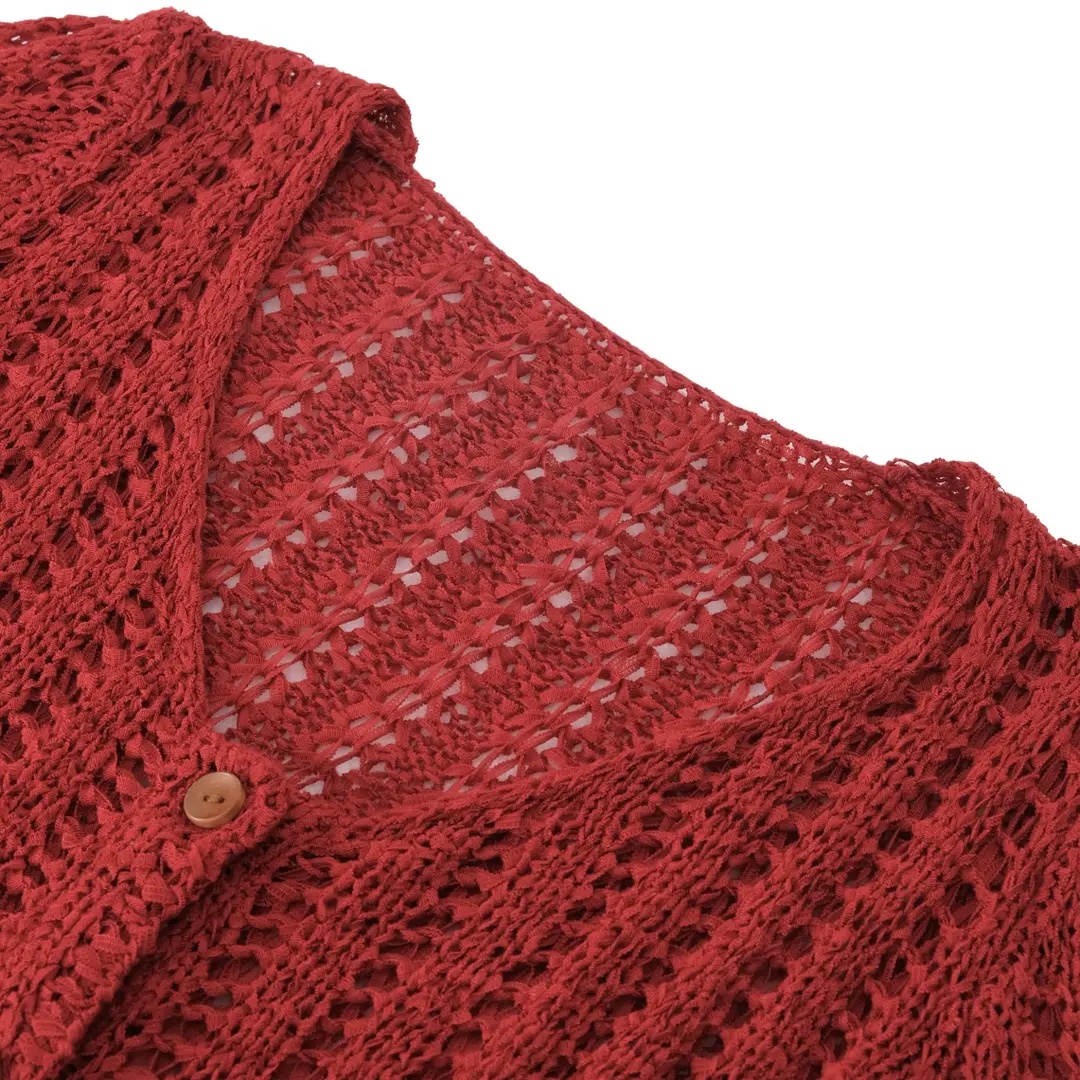 Red V-Neck Hollow-Out Long-Sleeve Knit Cardigan for Women 2026 Fall Slimming Versatile Top - Image 4