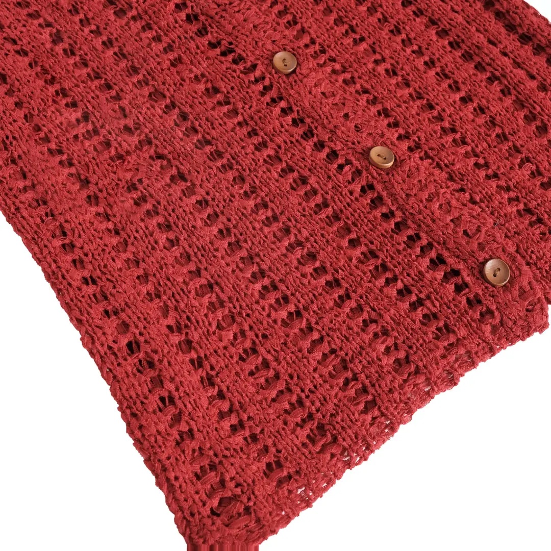 Red V-Neck Hollow-Out Long-Sleeve Knit Cardigan for Women 2026 Fall Slimming Versatile Top - Image 5