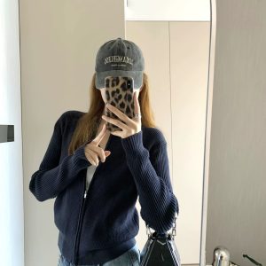 Navy Zip-Up Knit Cardigan for Women Lightweight Early Autumn Korean Style Slim Waist Cropped Sweater Jacket