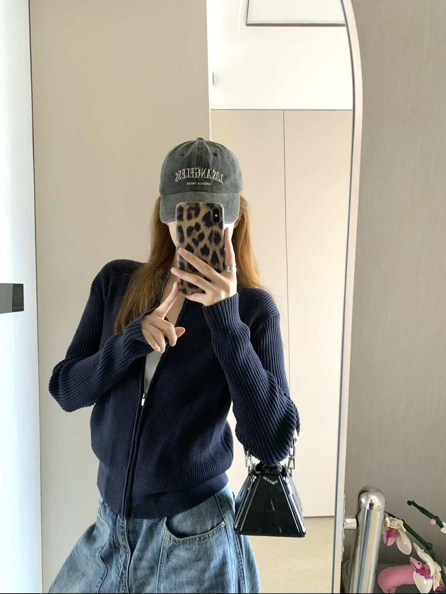 Navy Zip-Up Knit Cardigan for Women Lightweight Early Autumn Korean Style Slim Waist Cropped Sweater Jacket