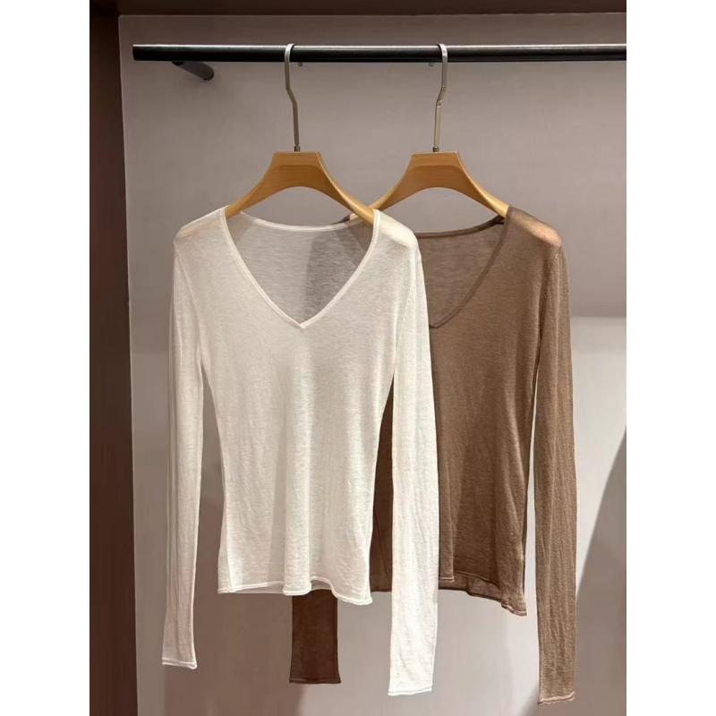 Women's Autumn Lightweight Semi-Sheer V-Neck Knit Base Layer Top Slim Fit Stretch Soft Simple Slimming Long Sleeve Inner Wear - Image 5